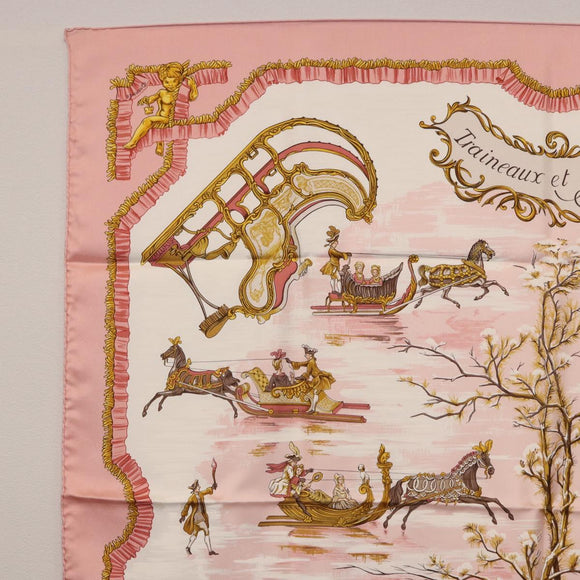 HERMES Carre 90 Scarf Silk ""Traineaux et Glissades"" Pink White Auth 200402M