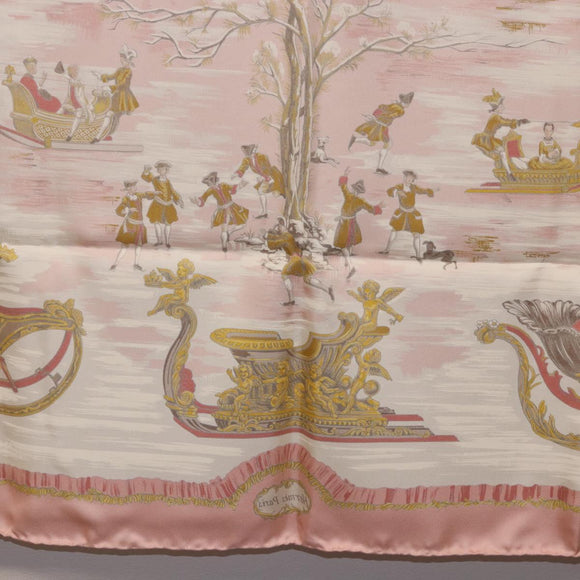 HERMES Carre 90 Scarf Silk ""Traineaux et Glissades"" Pink White Auth 200402M