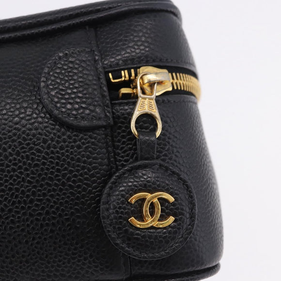 CHANEL COCO Mark Vanity Hand Bag Caviar Skin Black Gold CC Auth 200427