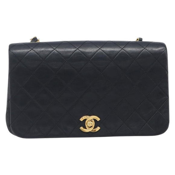 CHANEL Chain Matelasse Shoulder Bag Lamb Skin Black Gold CC Auth 200435V