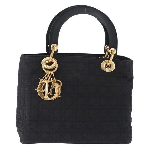 Christian Dior Lady Dior Canage Hand Bag Canvas Black Gold Auth 200447