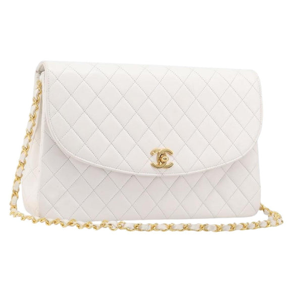 CHANEL Chain Matelasse Shoulder Bag Lamb Skin White Gold CC Auth 200466V