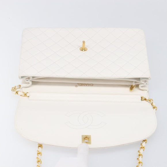 CHANEL Chain Matelasse Shoulder Bag Lamb Skin White Gold CC Auth 200466V