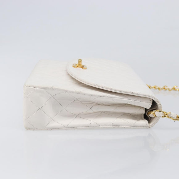 CHANEL Chain Matelasse Shoulder Bag Lamb Skin White Gold CC Auth 200466V