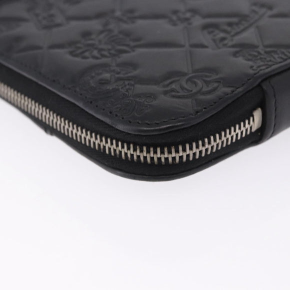 CHANEL Icon iPad Case Leather Black Gold CC Auth 200467