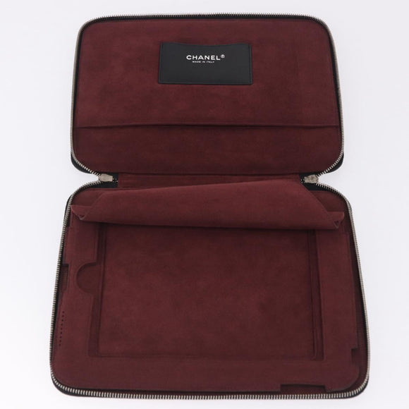 CHANEL Icon iPad Case Leather Black Gold CC Auth 200467