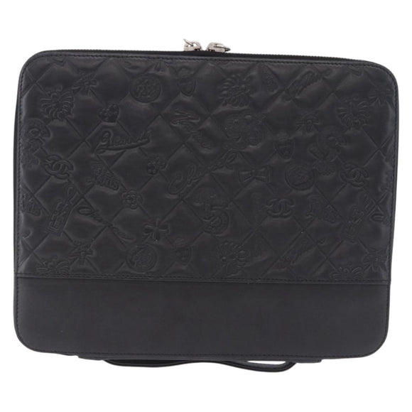 CHANEL Icon iPad Case Leather Black Gold CC Auth 200467