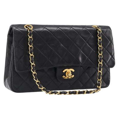 CHANEL Chain Matelasse 25 Shoulder Bag Lamb Skin Black Gold CC Auth 200477SAM