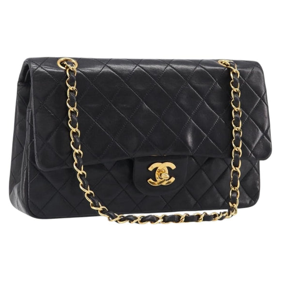 CHANEL Chain Matelasse 25 Shoulder Bag Lamb Skin Black Gold CC Auth 200477SAM