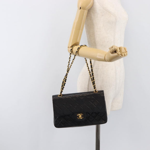 CHANEL Chain Matelasse 25 Shoulder Bag Lamb Skin Black Gold CC Auth 200477SAM