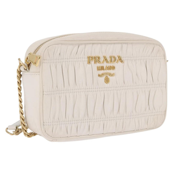 PRADA Gathered Chain Shoulder Bag Leather White Gold Auth 200485V