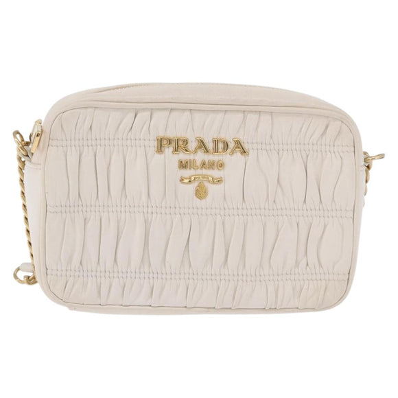 PRADA Gathered Chain Shoulder Bag Leather White Gold Auth 200485V