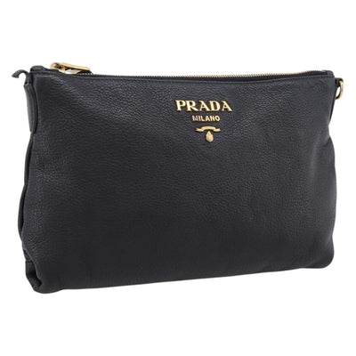 PRADA Clutch Bag Vittero Dino Leather Black Gold Auth 200490