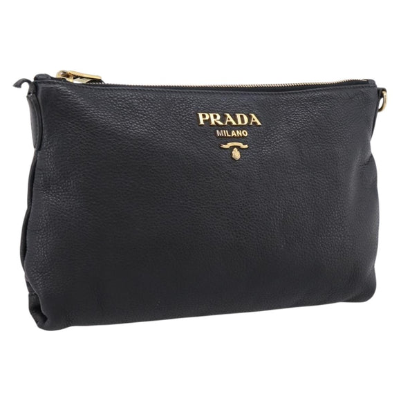 PRADA Clutch Bag Vittero Dino Leather Black Gold Auth 200490