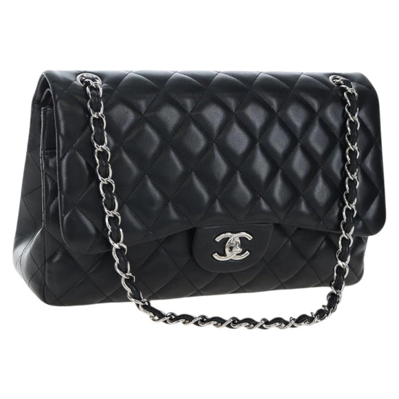 CHANEL Matelasse 30 Chain Shoulder Bag Lamb Skin Black Silver CC Auth 200505SAM