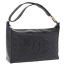 CHANEL Choco Bar Shoulder Bag Lamb Skin Black Gold CC Auth 200511V-1
