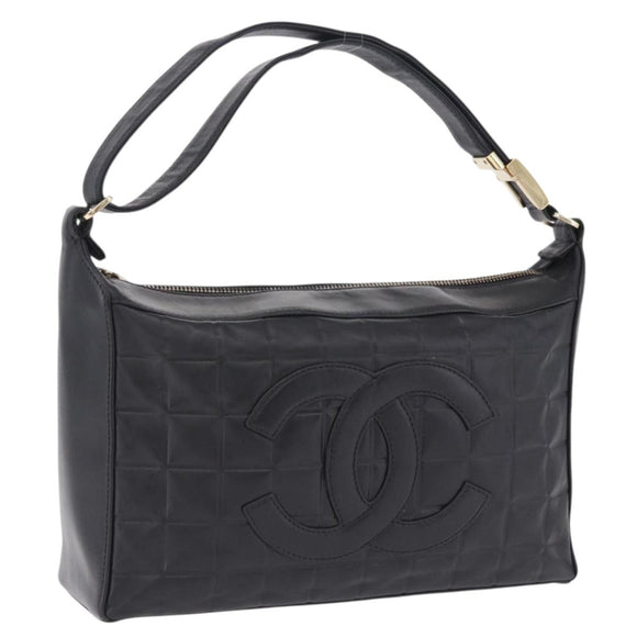 CHANEL Choco Bar Shoulder Bag Lamb Skin Black Gold CC Auth 200511V