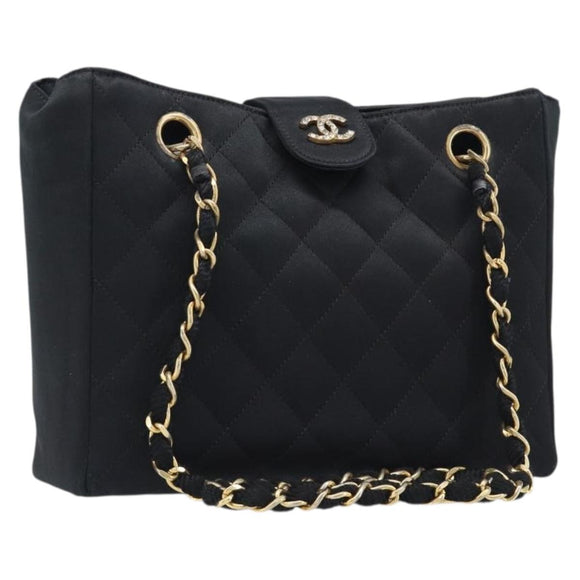 CHANEL Matelasse Chain Shoulder Bag Satin Black Gold CC Auth 200529V