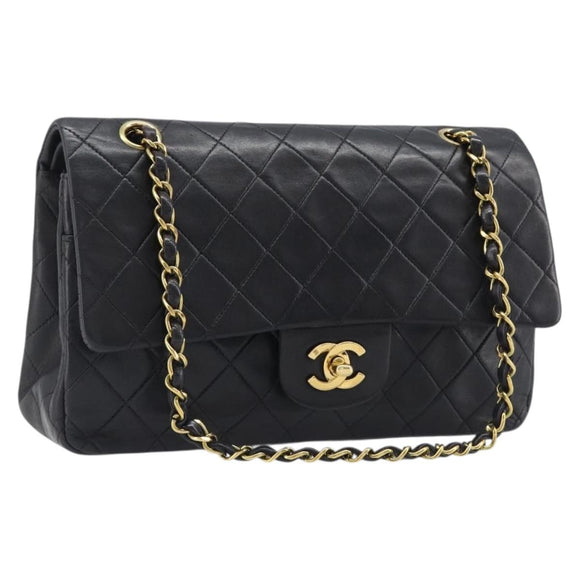 CHANEL Chain Matelasse 25 Shoulder Bag Lamb Skin Black Gold CC Auth 200542SAM