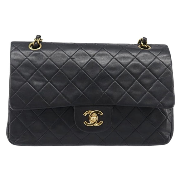 CHANEL Chain Matelasse 25 Shoulder Bag Lamb Skin Black Gold CC Auth 200542SAM