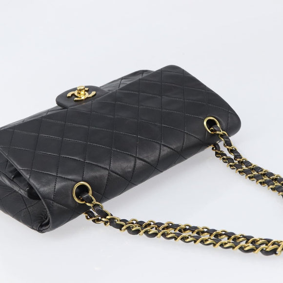 CHANEL Chain Matelasse 25 Shoulder Bag Lamb Skin Black Gold CC Auth 200542SAM