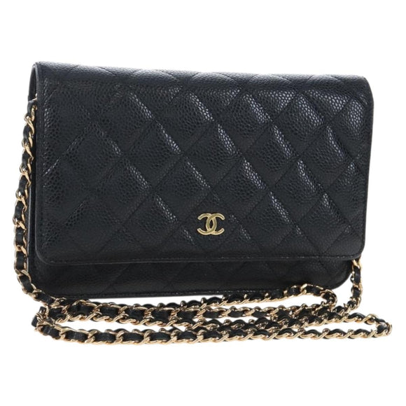 CHANEL Matelasse Chain Shoulder Wallet Caviar Skin Black Gold CC Auth 200576SM