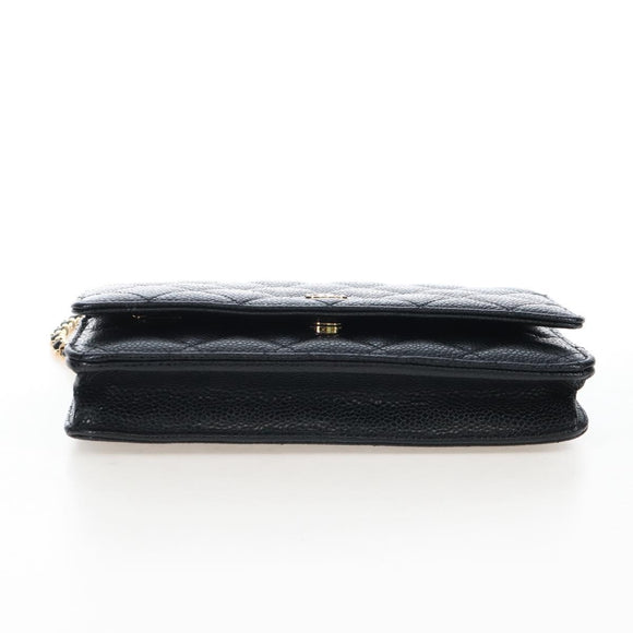 CHANEL Matelasse Chain Shoulder Wallet Caviar Skin Black Gold CC Auth 200576SM