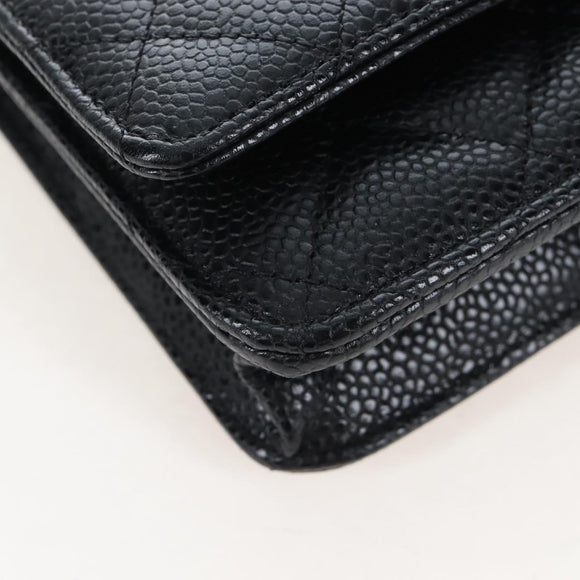 CHANEL Matelasse Chain Shoulder Wallet Caviar Skin Black Gold CC Auth 200576SM