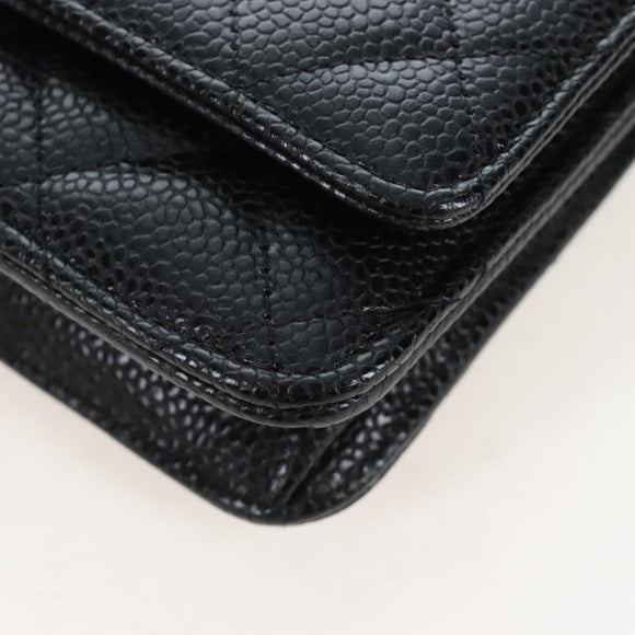 CHANEL Matelasse Chain Shoulder Wallet Caviar Skin Black Gold CC Auth 200576SM