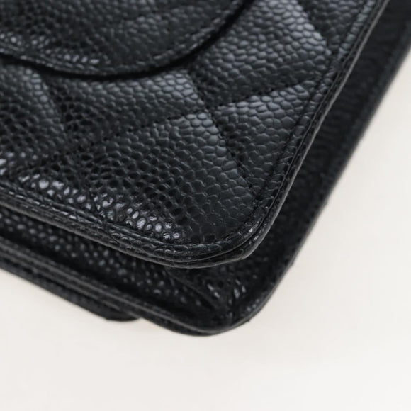 CHANEL Matelasse Chain Shoulder Wallet Caviar Skin Black Gold CC Auth 200576SM