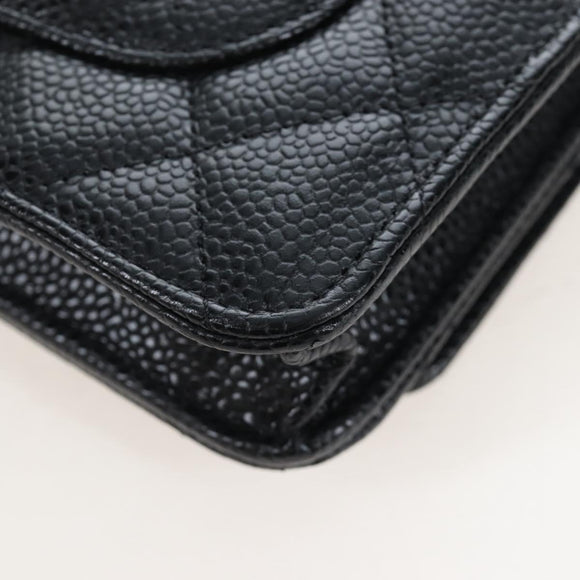 CHANEL Matelasse Chain Shoulder Wallet Caviar Skin Black Gold CC Auth 200576SM