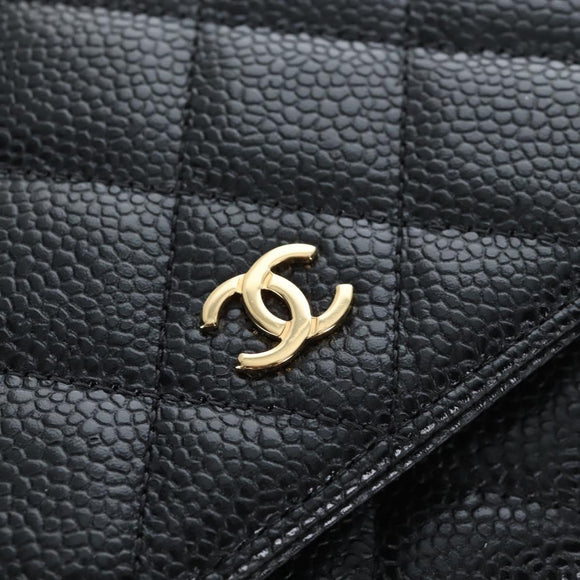 CHANEL Matelasse Chain Shoulder Wallet Caviar Skin Black Gold CC Auth 200576SM