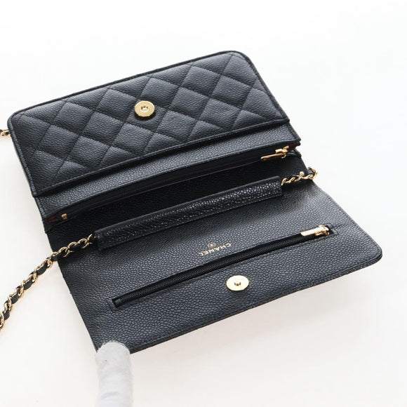 CHANEL Matelasse Chain Shoulder Wallet Caviar Skin Black Gold CC Auth 200576SM