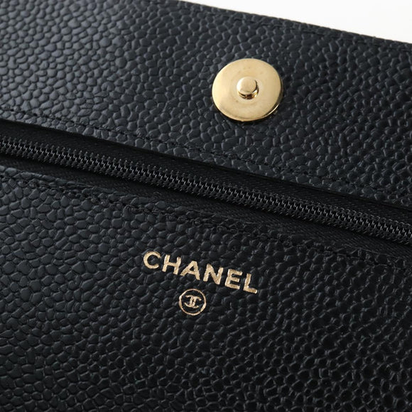 CHANEL Matelasse Chain Shoulder Wallet Caviar Skin Black Gold CC Auth 200576SM