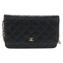 CHANEL Matelasse Chain Shoulder Wallet Caviar Skin Black Gold CC Auth 200576SM-2