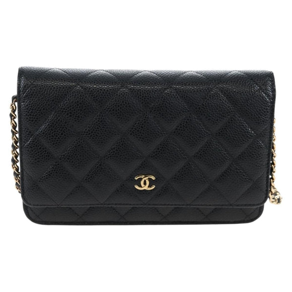 CHANEL Matelasse Chain Shoulder Wallet Caviar Skin Black Gold CC Auth 200576SM