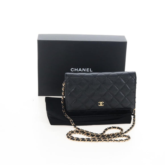 CHANEL Matelasse Chain Shoulder Wallet Caviar Skin Black Gold CC Auth 200576SM