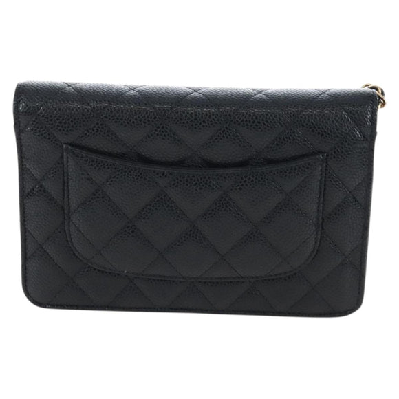 CHANEL Matelasse Chain Shoulder Wallet Caviar Skin Black Gold CC Auth 200576SM