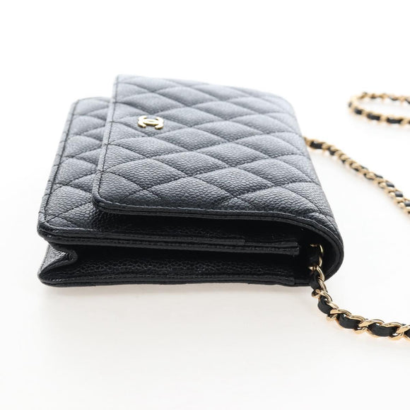CHANEL Matelasse Chain Shoulder Wallet Caviar Skin Black Gold CC Auth 200576SM
