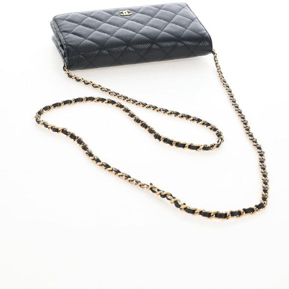 CHANEL Matelasse Chain Shoulder Wallet Caviar Skin Black Gold CC Auth 200576SM