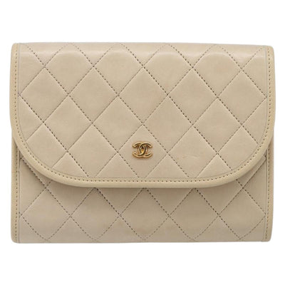 CHANEL Matelasse Chain Shoulder Bag Lamb Skin Beige Gold CC Auth 200578V - 0