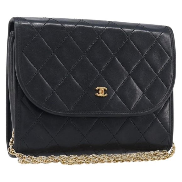 CHANEL Matelasse Chain Shoulder Bag Lamb Skin Black Gold CC Auth 200579V