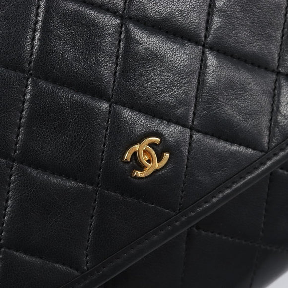 CHANEL Matelasse Chain Shoulder Bag Lamb Skin Black Gold CC Auth 200579V