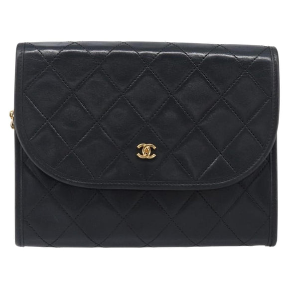 CHANEL Matelasse Chain Shoulder Bag Lamb Skin Black Gold CC Auth 200579V