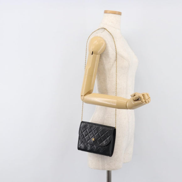 CHANEL Matelasse Chain Shoulder Bag Lamb Skin Black Gold CC Auth 200579V
