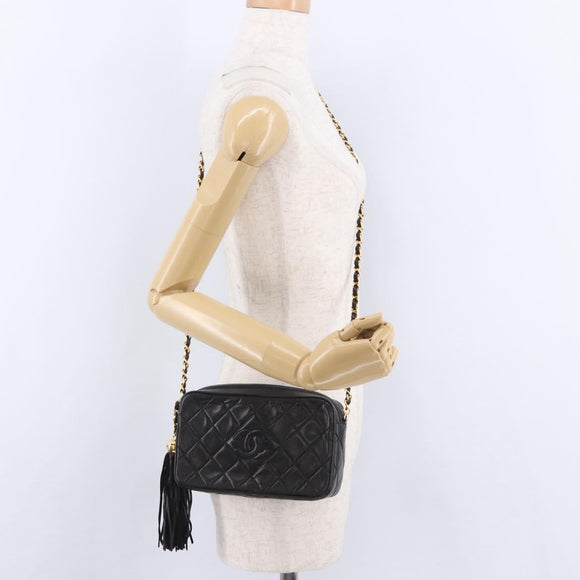 CHANEL Matelasse Chain Shoulder Bag Lamb Skin Black Gold CC Auth 200580V