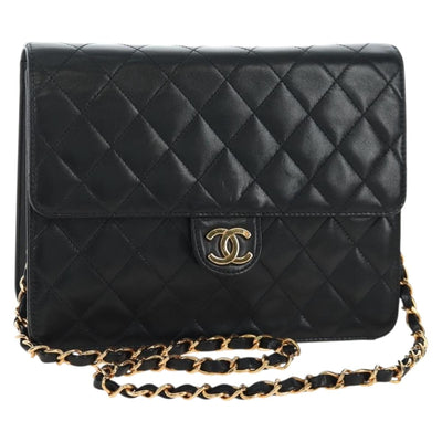 CHANEL Chain Matelasse Shoulder Bag Lamb Skin Black Gold CC Auth 200581SAM