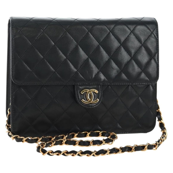 CHANEL Chain Matelasse Shoulder Bag Lamb Skin Black Gold CC Auth 200581SAM