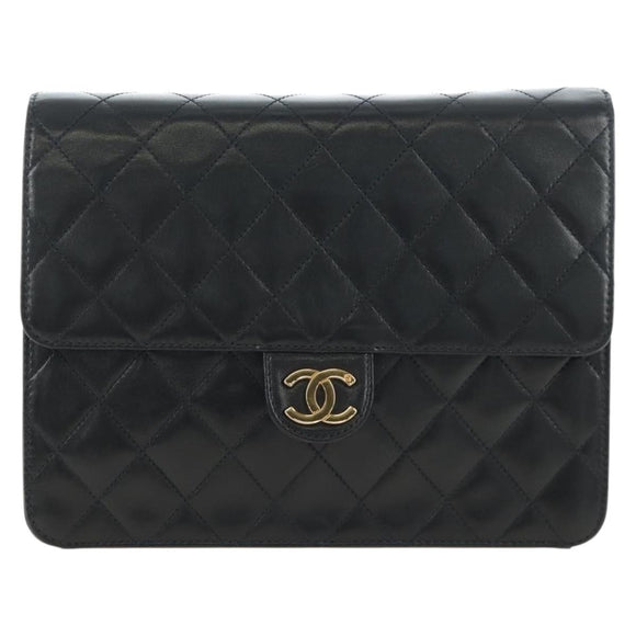 CHANEL Chain Matelasse Shoulder Bag Lamb Skin Black Gold CC Auth 200581SAM