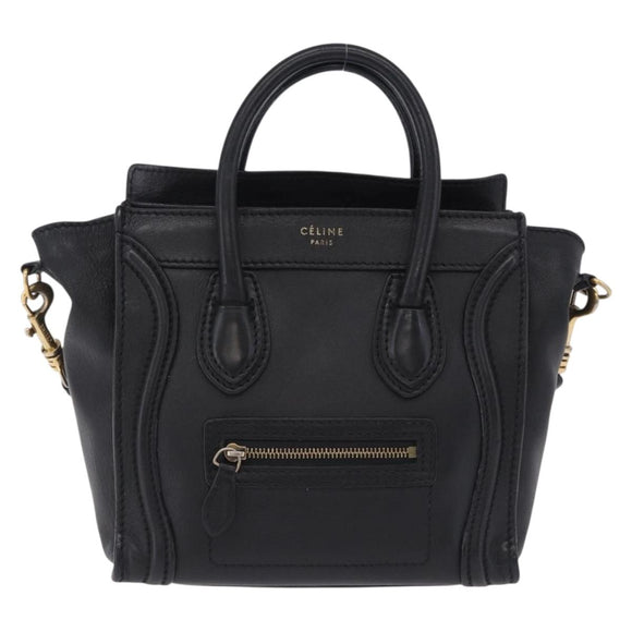 CELINE Luggage Nano Shopper Hand Bag Leather 2way Black Gold Auth 200587M